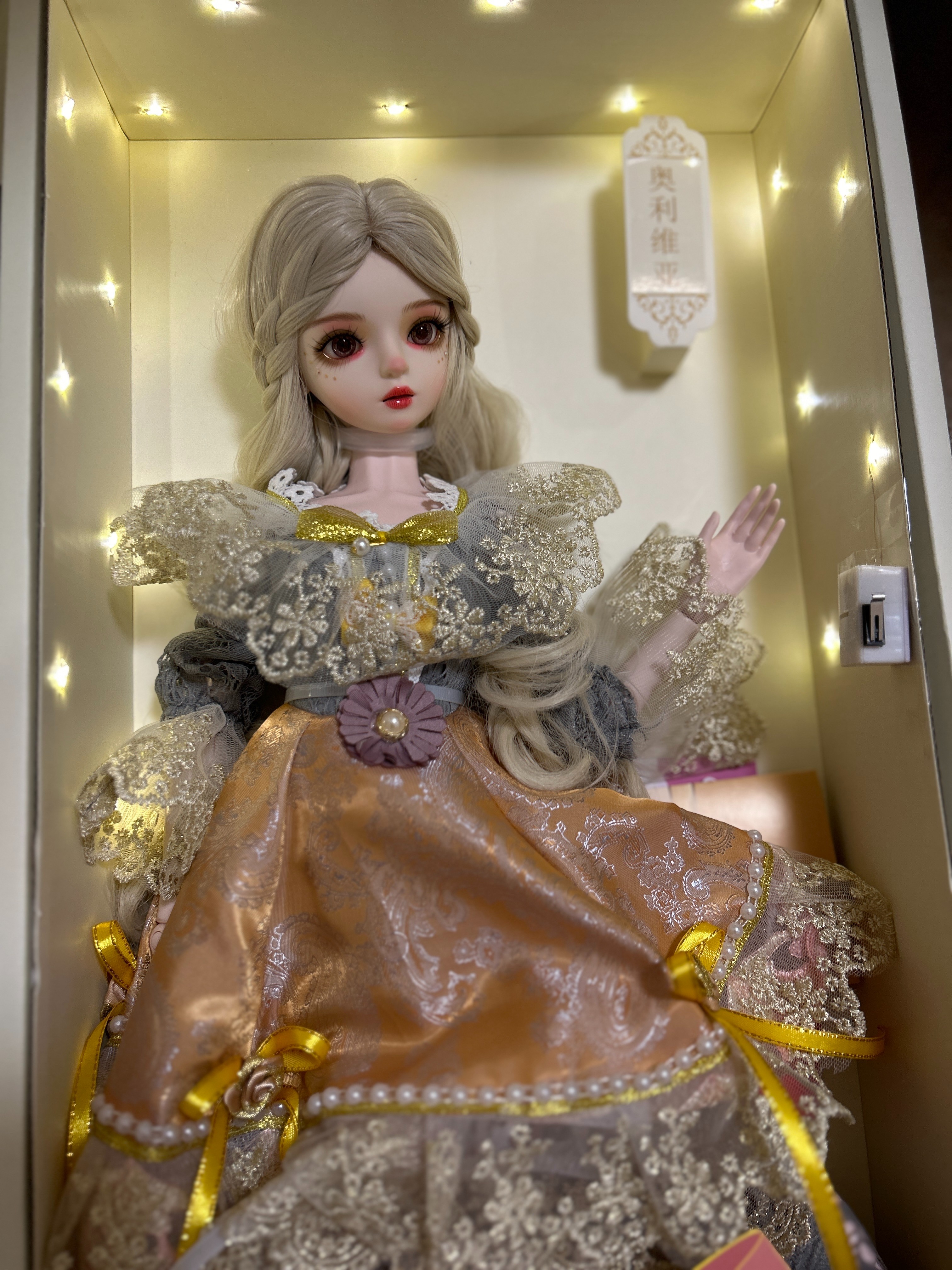 送给小女孩的生日礼物，娃娃非常精美，无论是五官还是衣服，都很精致，而且还很大只，现在的孩子太幸福了。